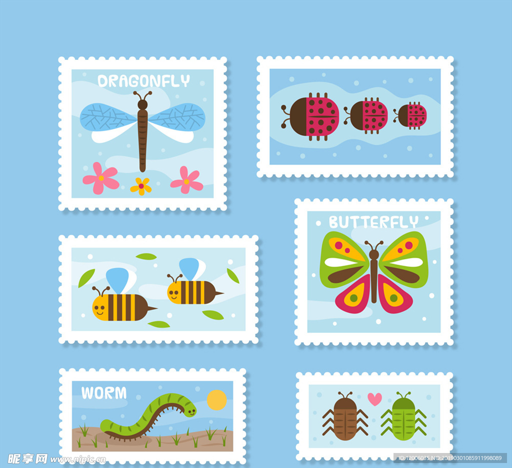 6款彩色昆虫邮票设计