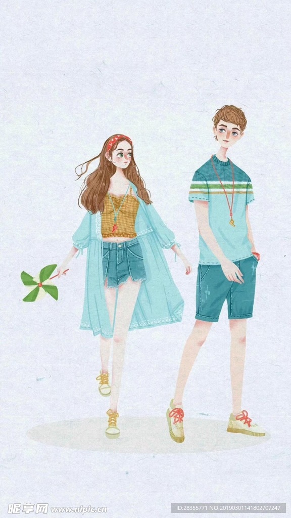 小清新夏季校园情侣插画壁纸