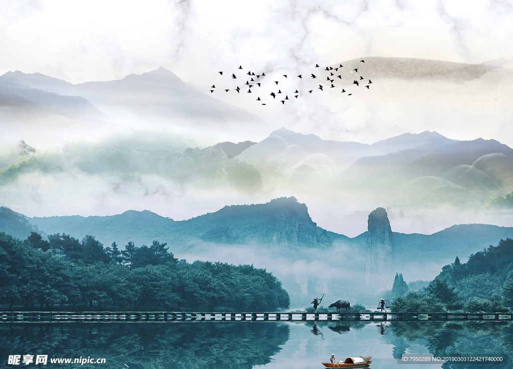新中式意境水墨山水背景墙装饰