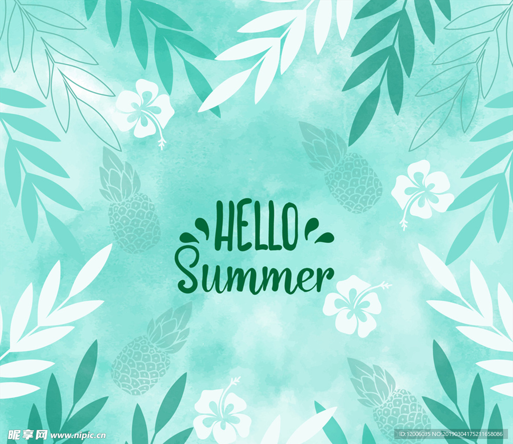 绿色你好夏季花卉和树叶矢量素材