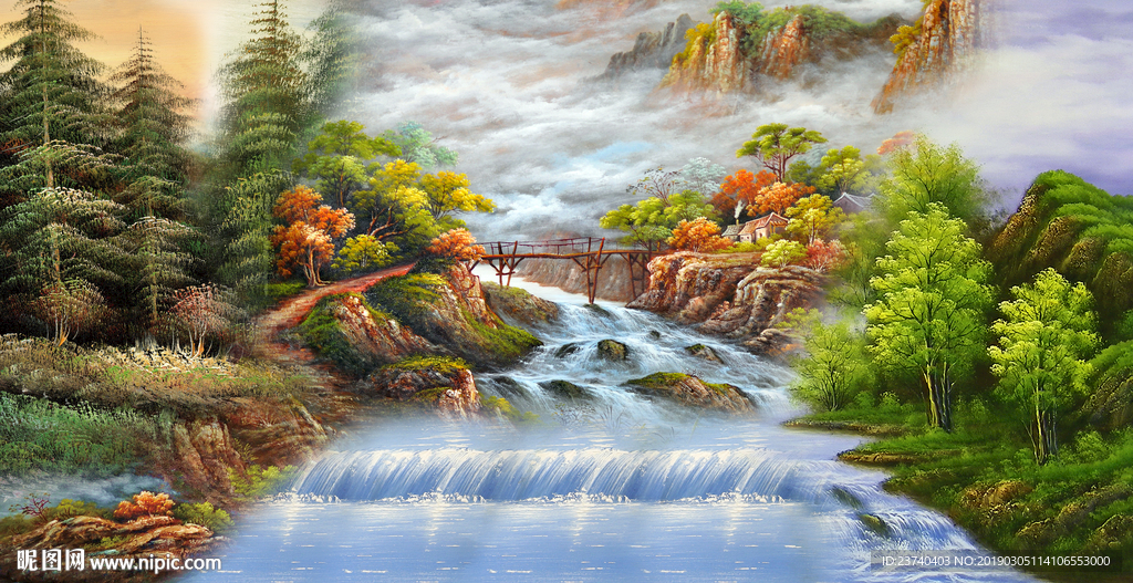 油画山水背景墙