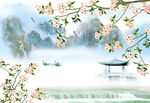 花鸟天鹅湖亭子山水画电视背景墙