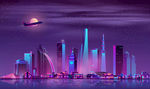 夜晚摩登沿海都市矢量插画素材