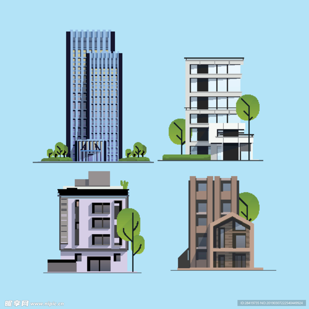 高楼建筑住宅矢量插画素材蓝背景