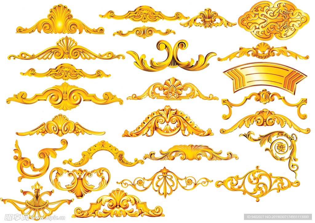 黄金色欧式角花花边分层素材