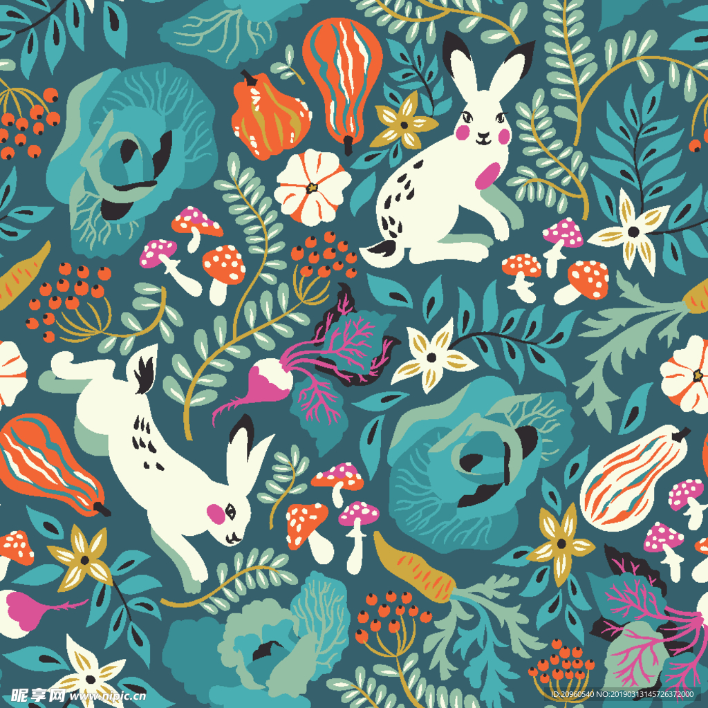 兔子植物平铺图案