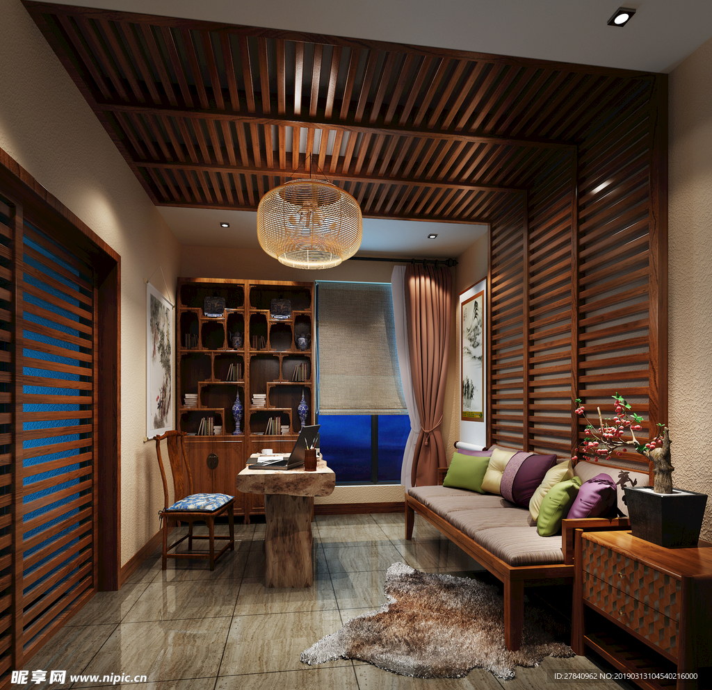 新中式茶室书房效果图3D模型