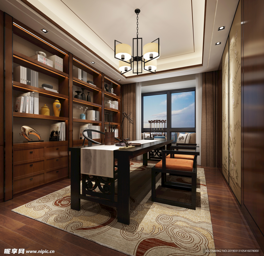 中式书房效果图3D模型