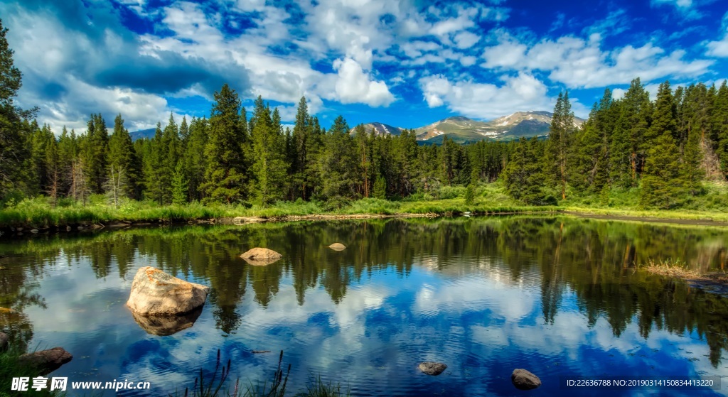 清澈湖水蓝天白云风景区森林4k