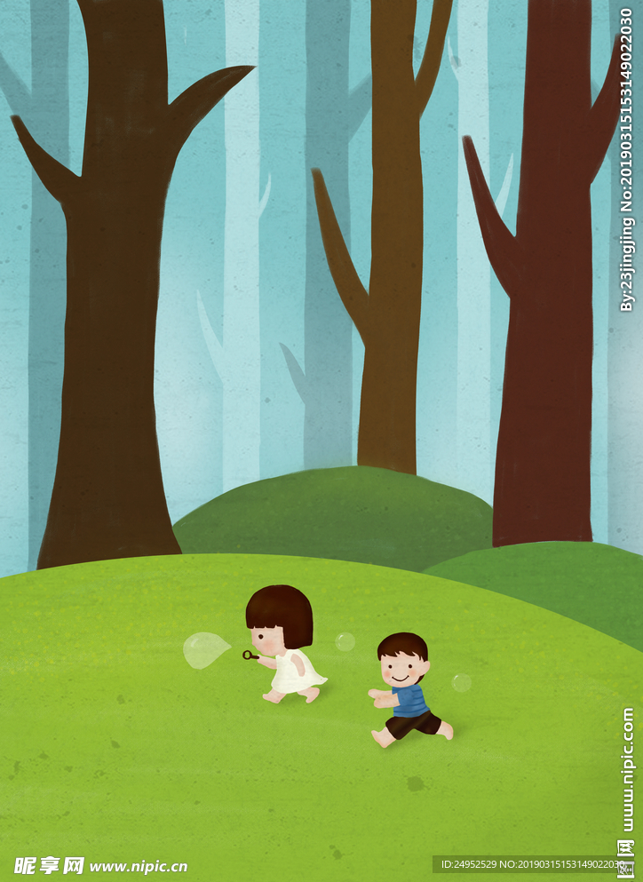 手绘儿童插画户外森林吹泡泡儿童