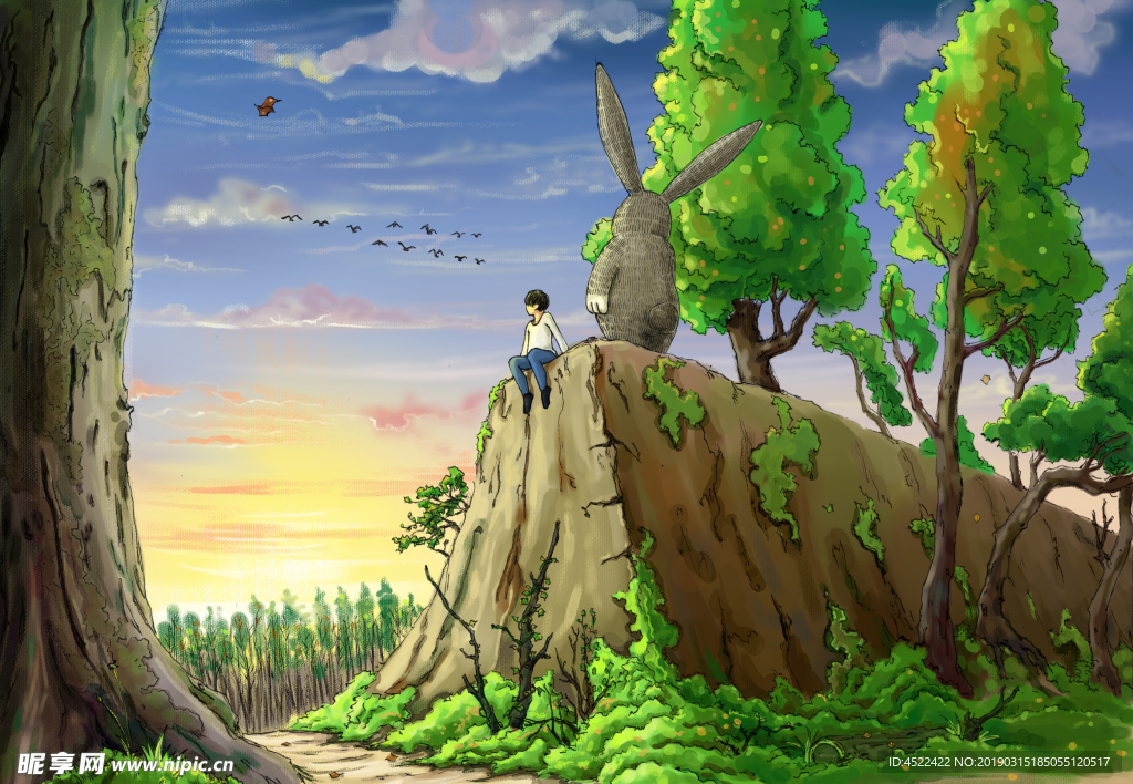 手绘水彩晚霞风景