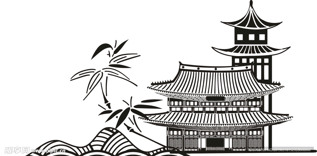 亭 楼 竹 山 矢量