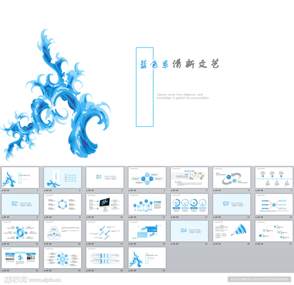 蓝色系清新文艺PPT
