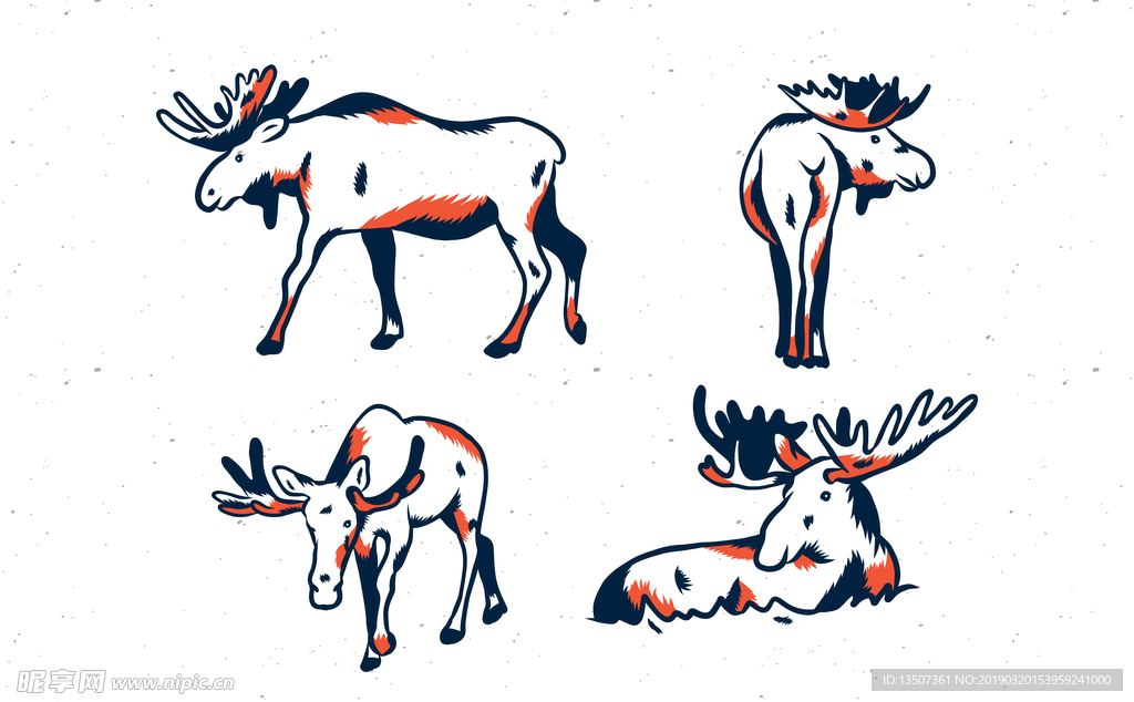 手绘4种姿势的麋鹿插画AI矢量