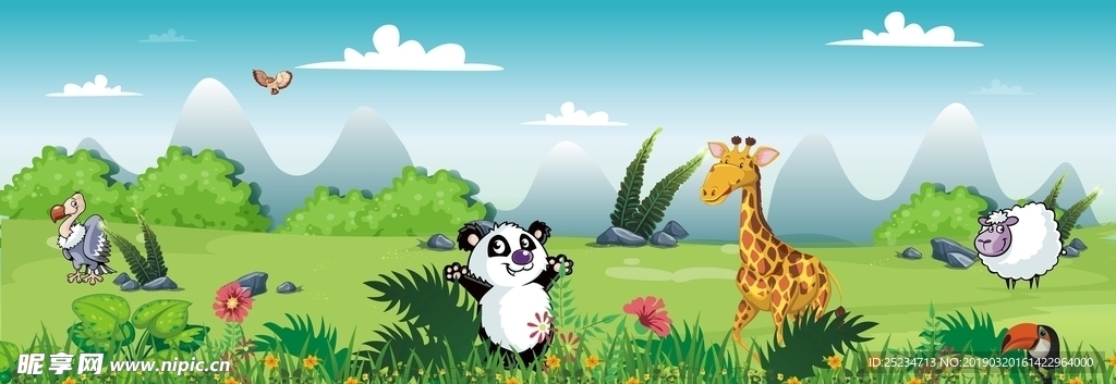 卡通动物森林背景手绘矢量图图片