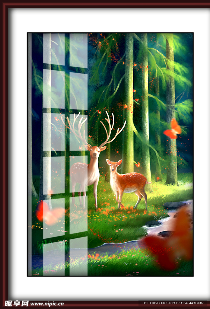 风景  小鹿 相框  装饰画