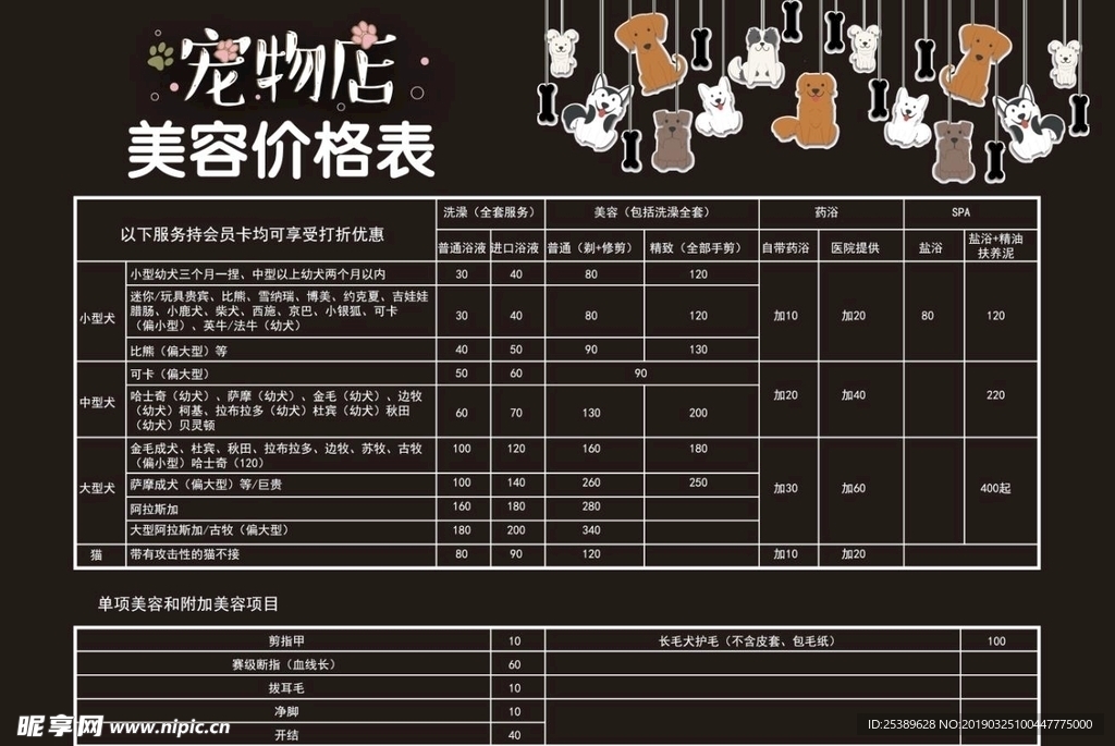 宠物店价格表