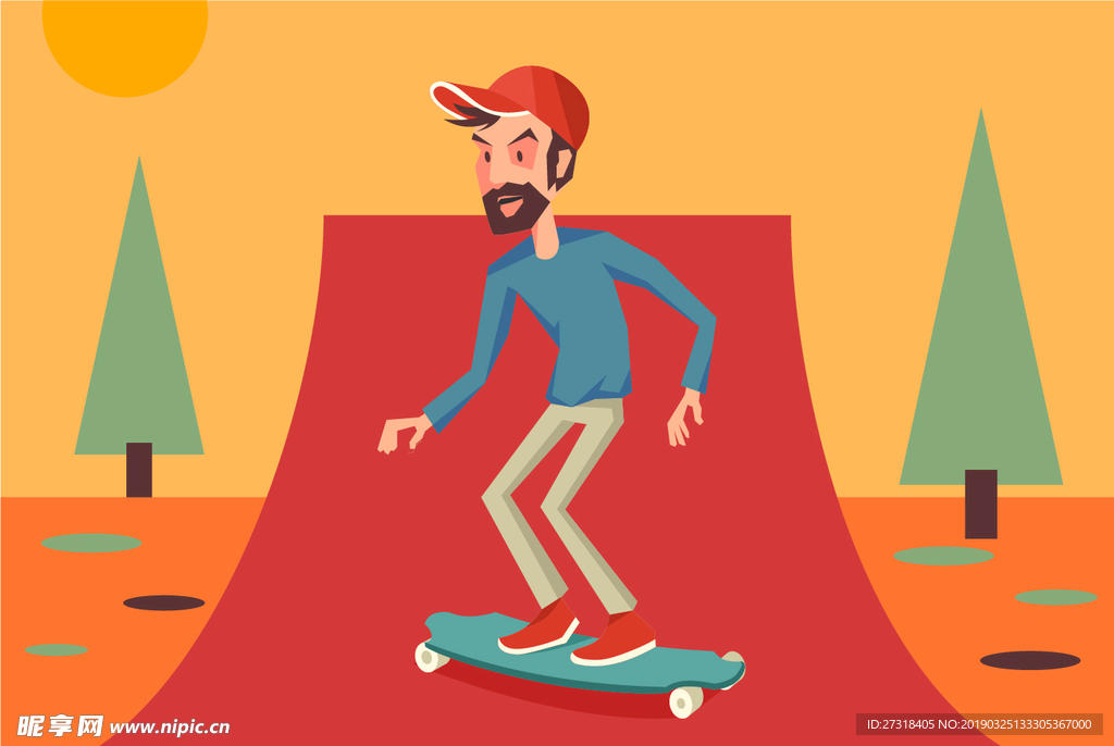 手绘带帽子的男人在玩滑板插画