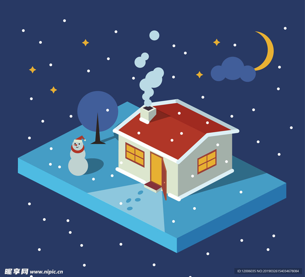 立体冬季夜晚房屋