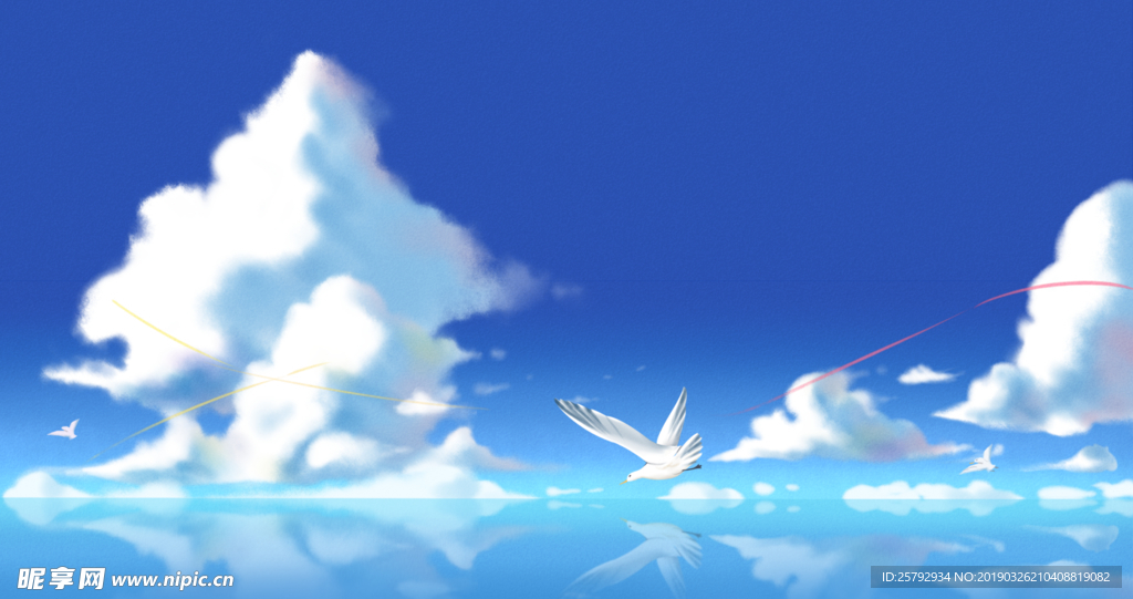 手绘海上蓝天白云背景
