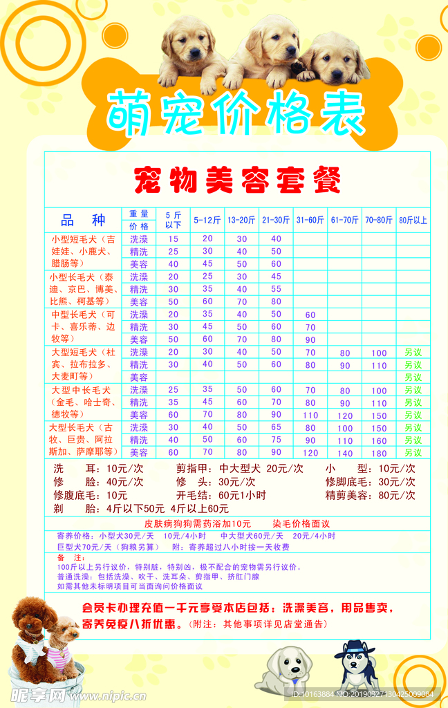 宠物美容价格表