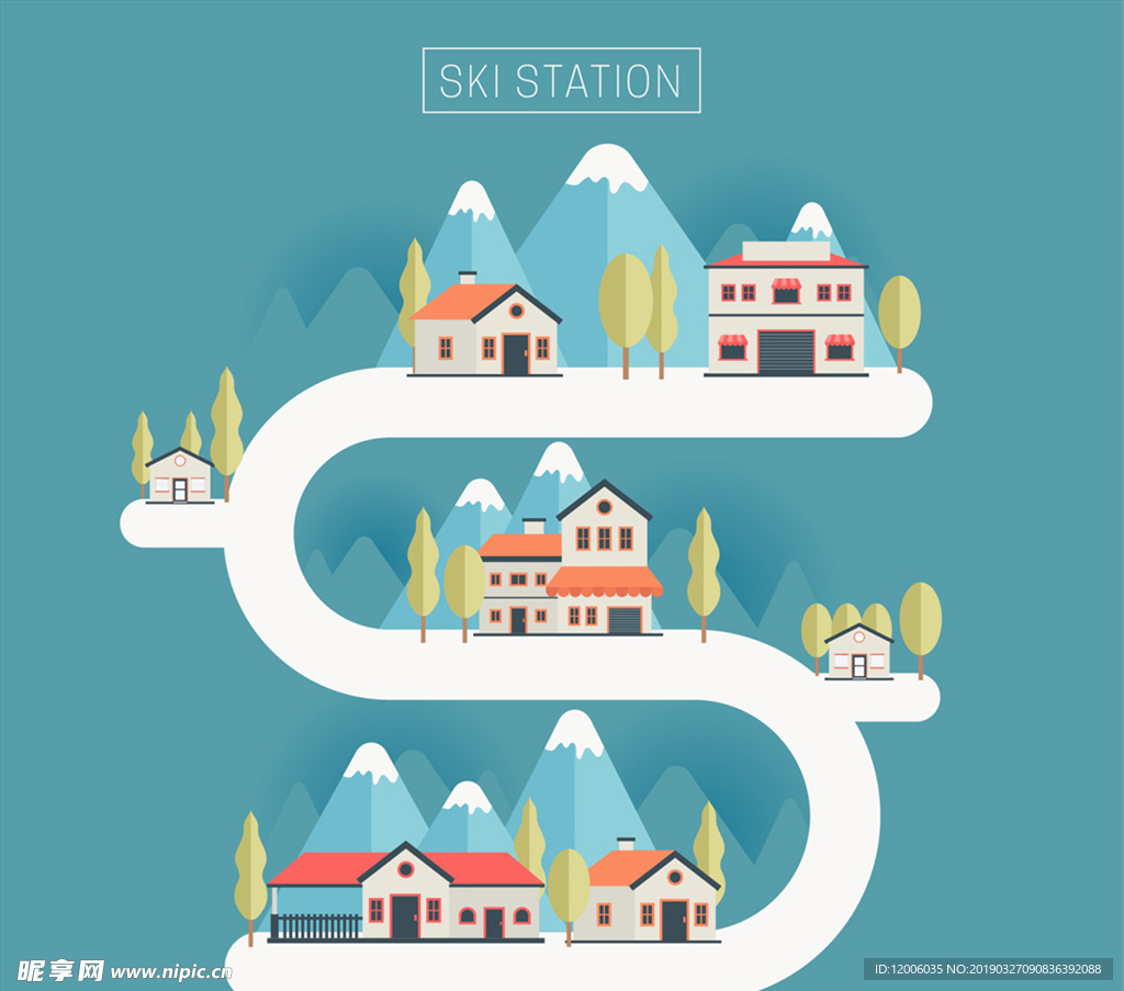 创意S型道路上的滑雪屋