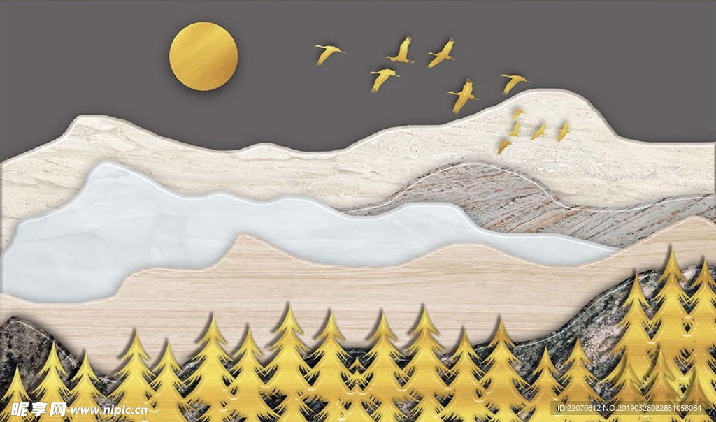手绘树林高山纹理立体浮雕背景墙
