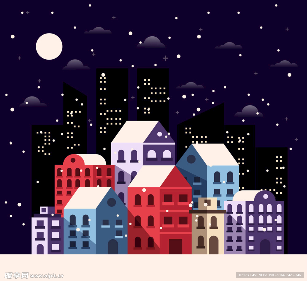冬季雪中的夜晚城市建筑