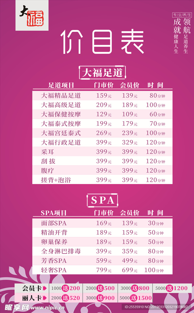 足道SPA价目表