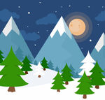 冬季夜晚雪山与森林风景