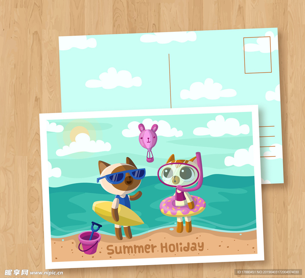 卡通夏季度假猫咪明信片