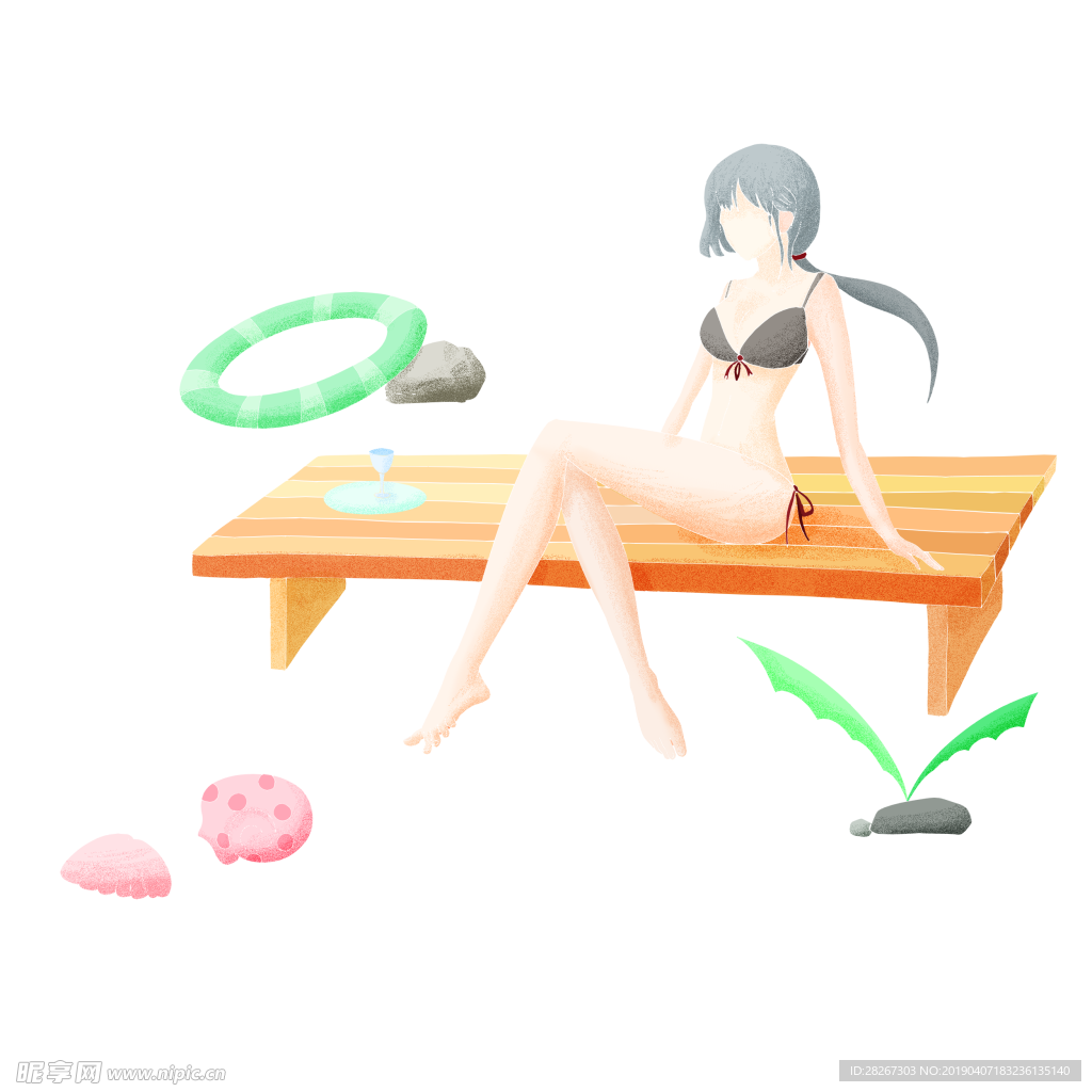 夏日海边泳装少女-噪点插画风