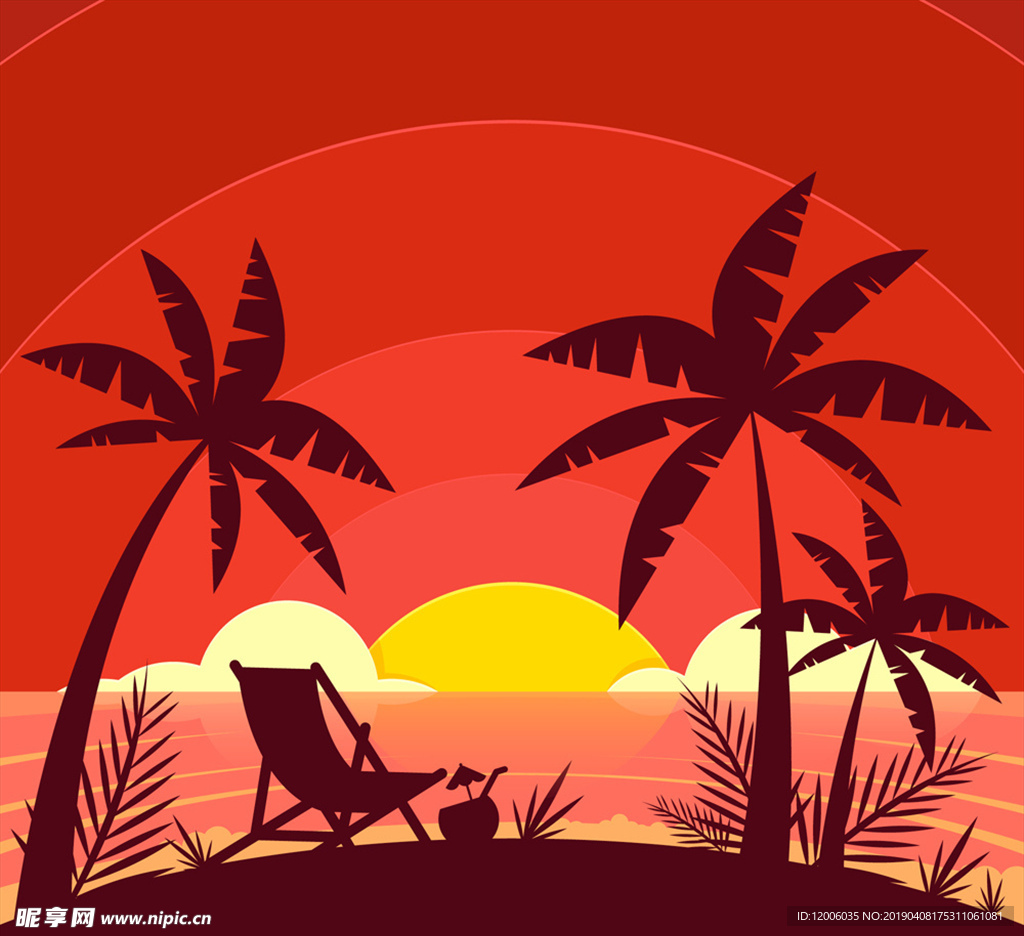 创意度假沙滩夕阳剪影