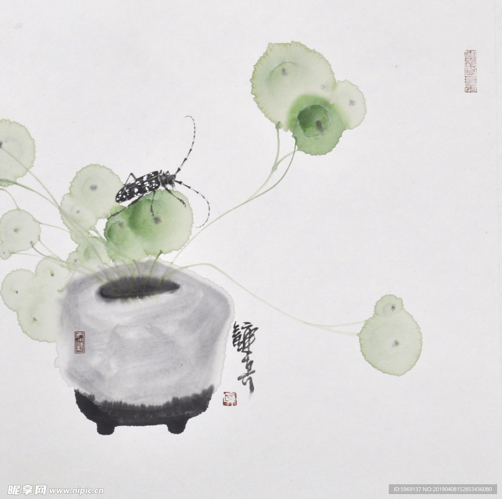 钟真国草虫系列手绘国画水墨花鸟