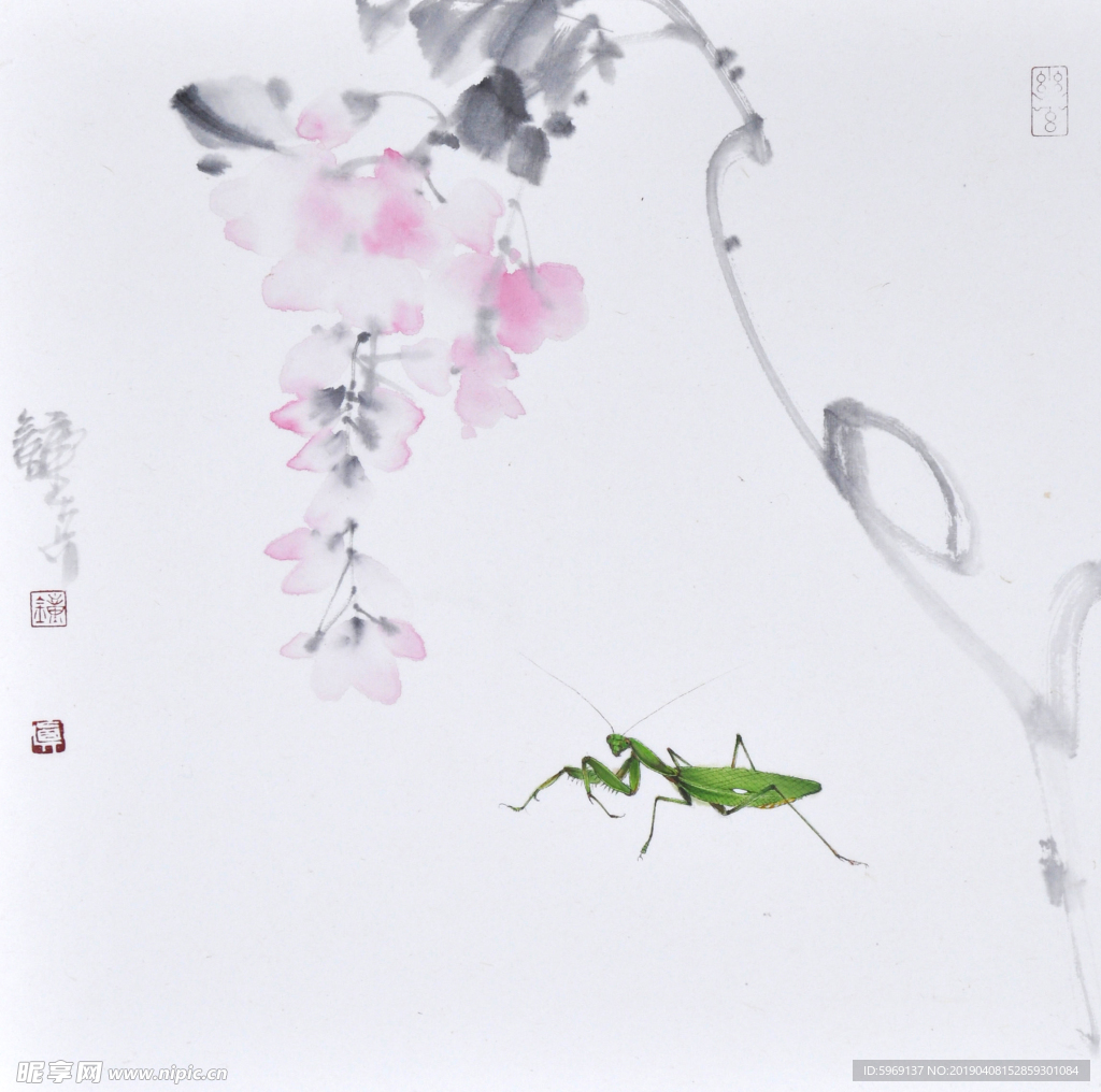 钟真国草虫系列手绘国画水墨花鸟