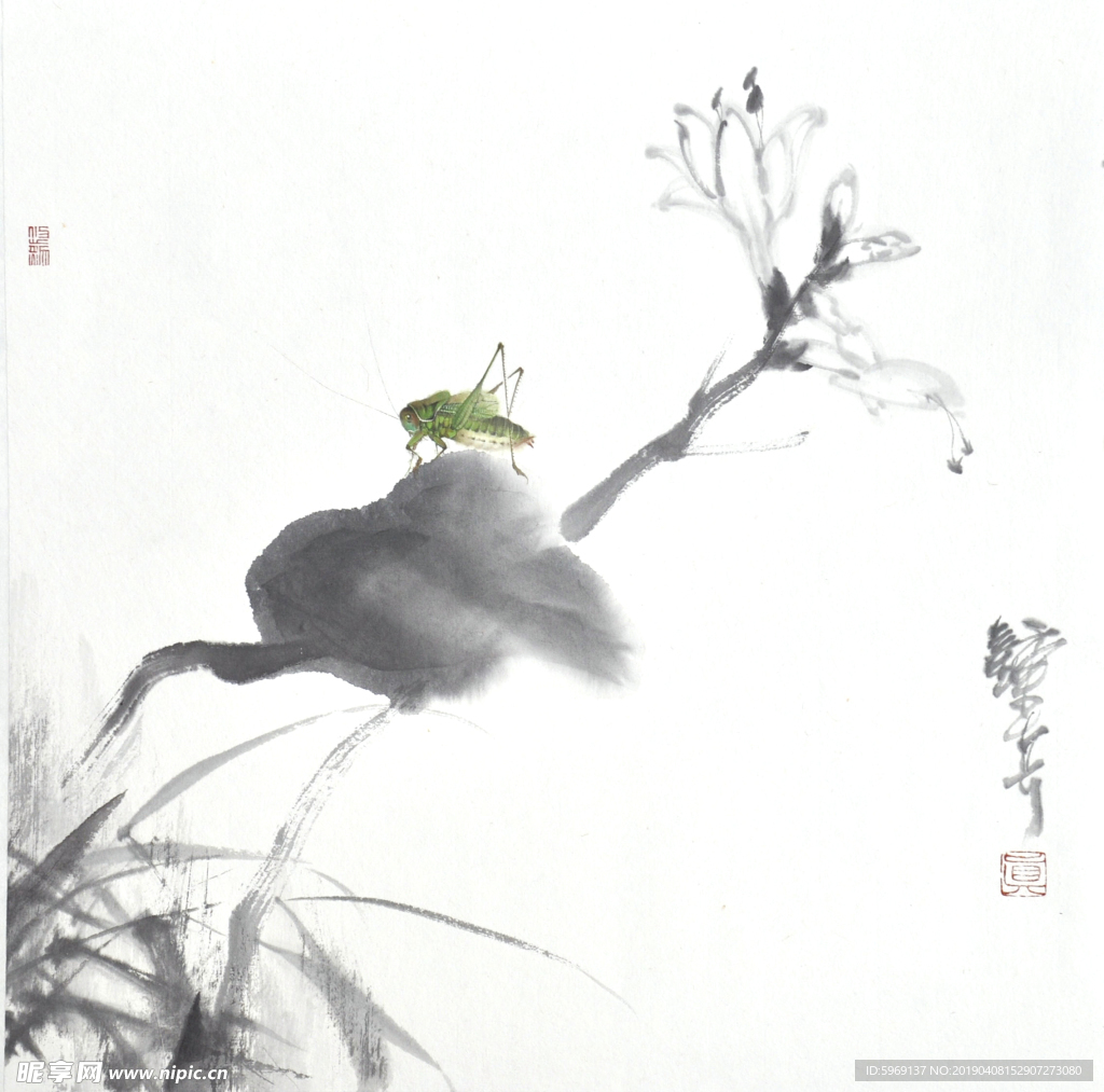 钟真国草虫系列手绘国画水墨花鸟