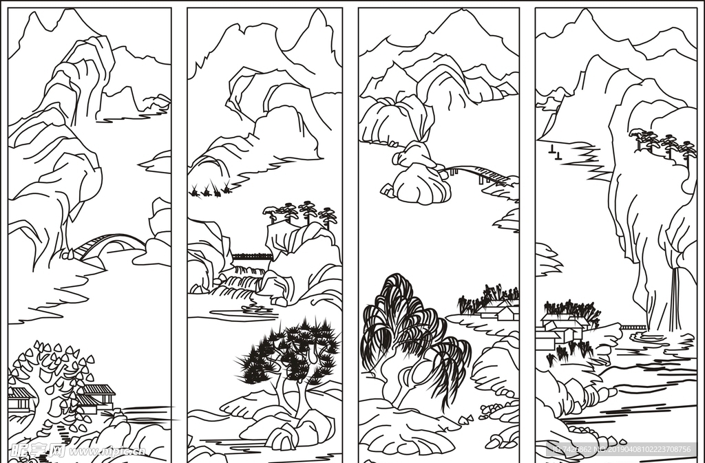 山水 房子 树