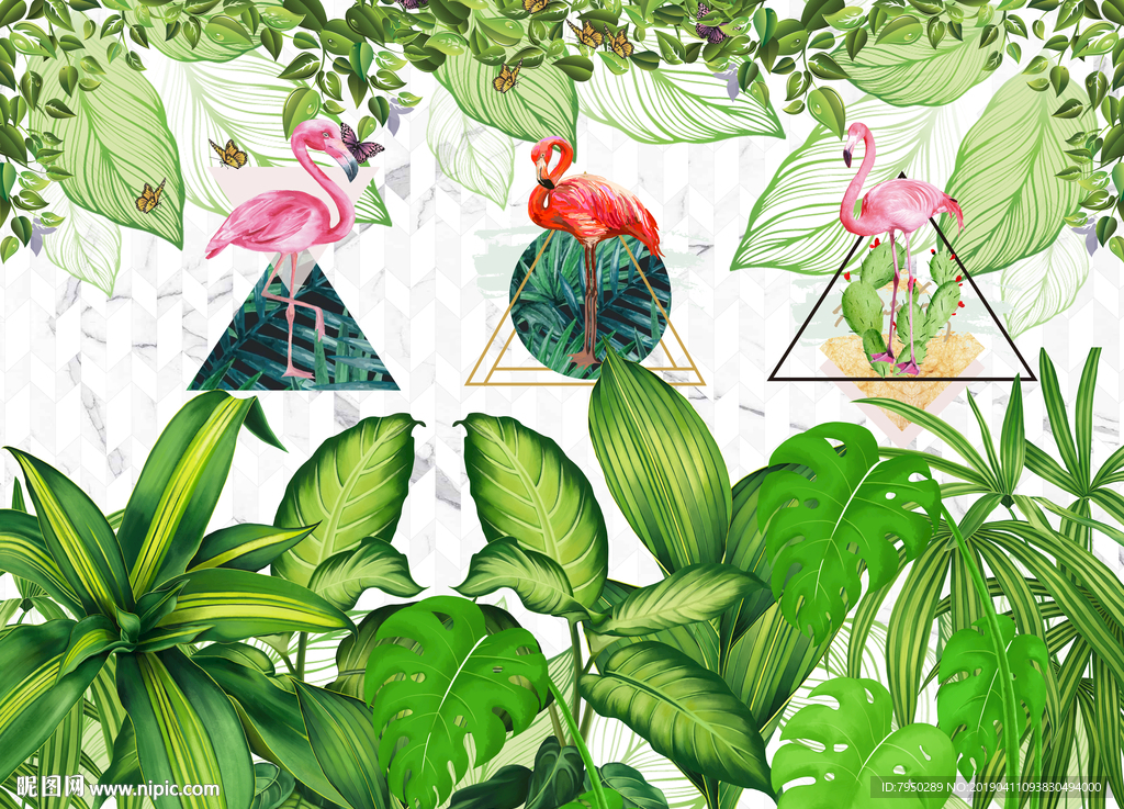 北欧热带植物叶子火烈鸟背景墙