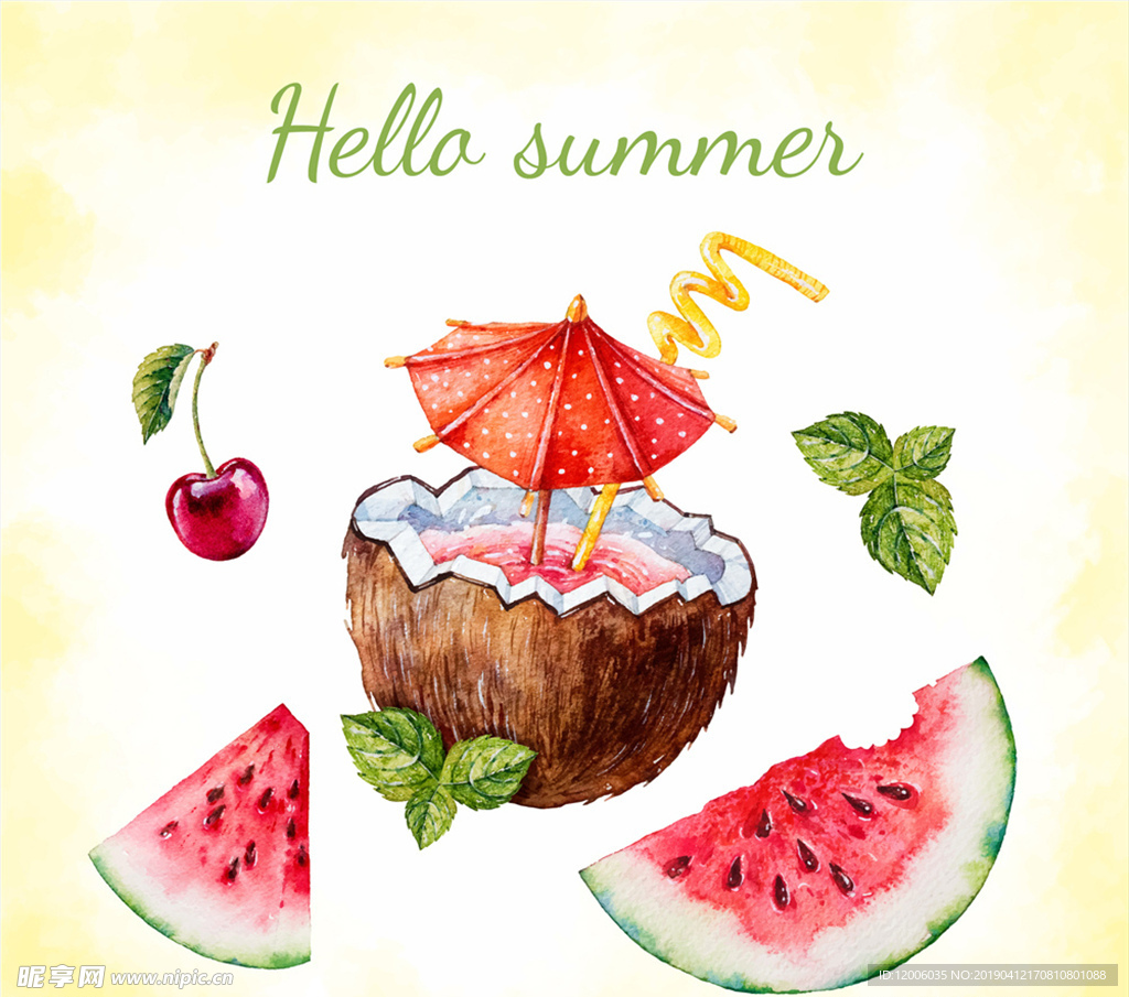 5款水彩绘夏季水果