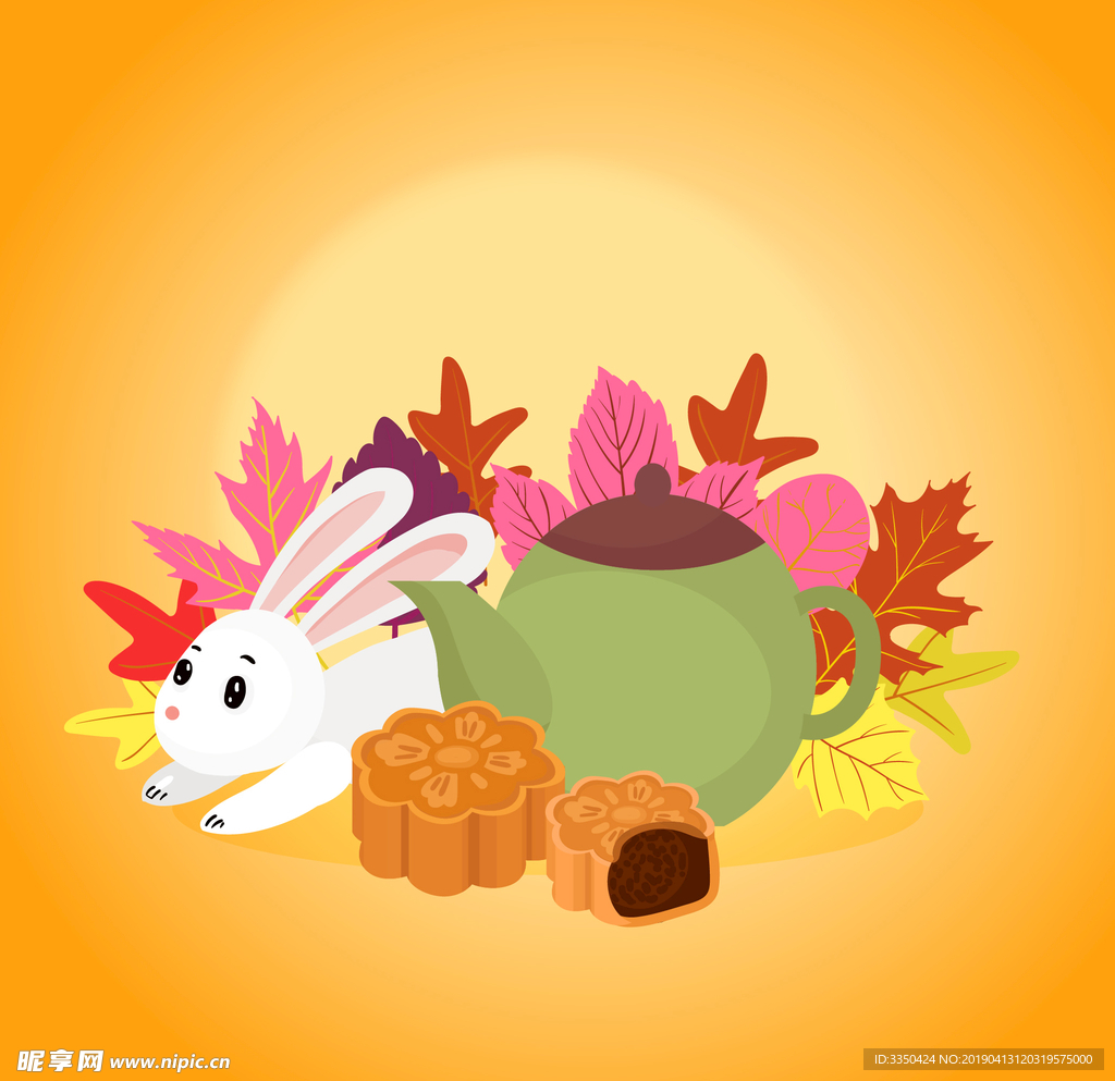 彩色中秋节落叶和兔子矢量素材