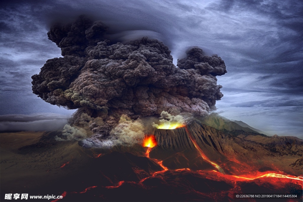 火山爆发烟雾岩浆8k图片素材