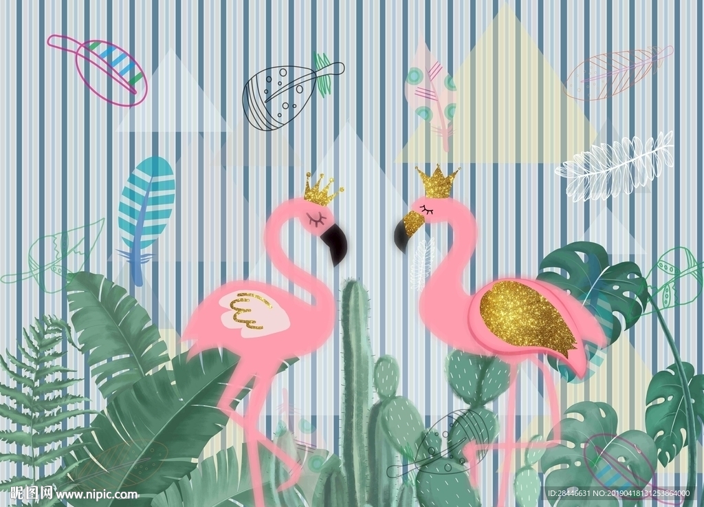 北欧手绘热带植物火烈鸟背景墙