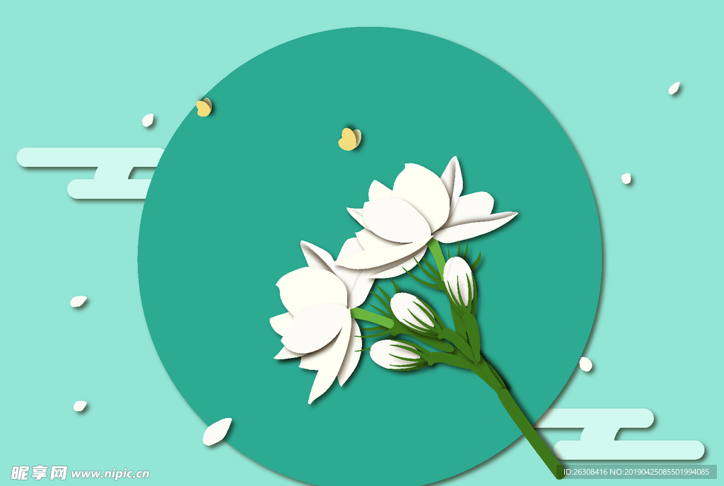 插画 花朵 茉莉花 蝴蝶 云