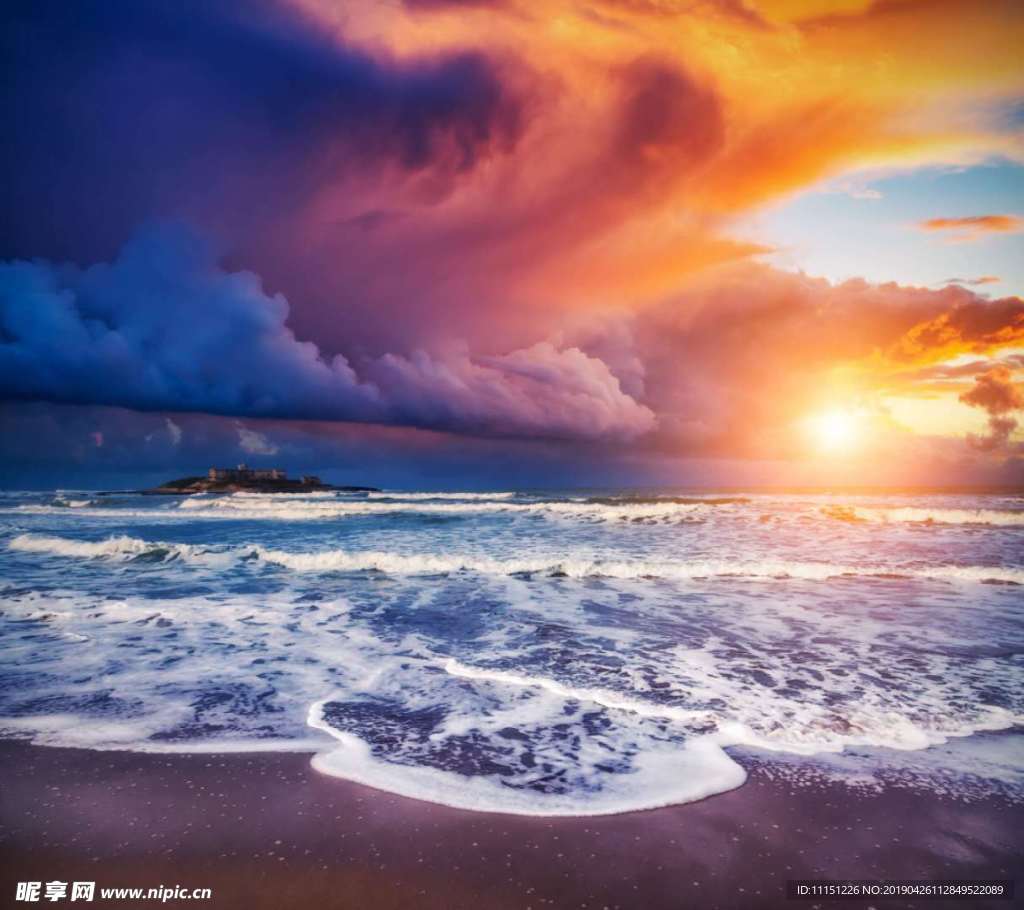 炫彩 天空 太阳 沙滩 海水