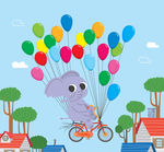 可爱骑气球单车的大象