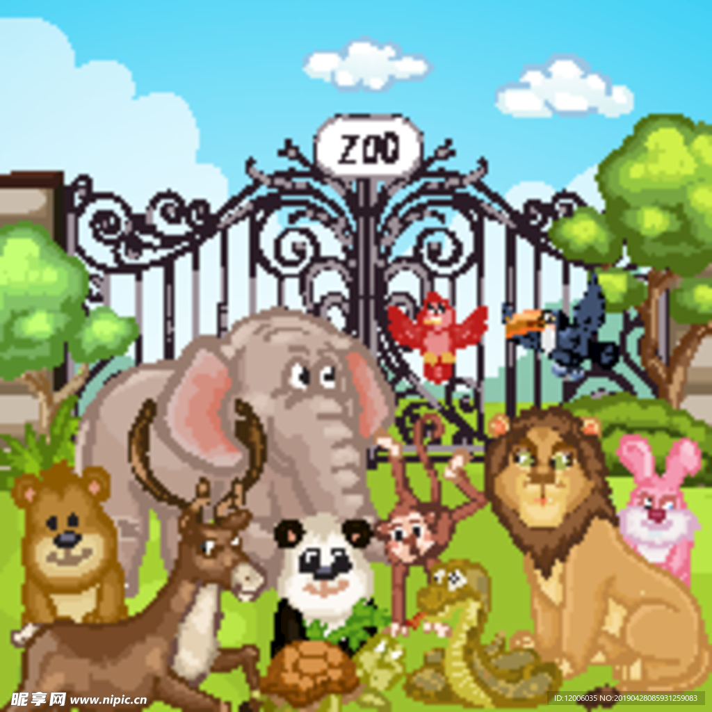 卡通动物园大门和动物