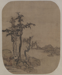 元代赵元树石图纨扇绢本设色