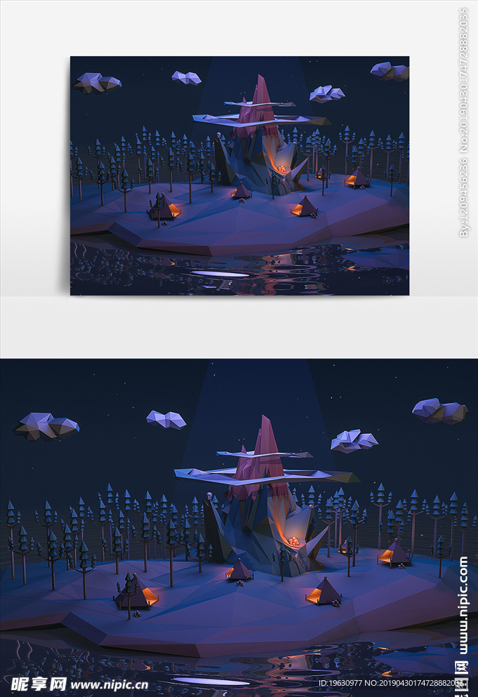 C4D卡通Lowpoly夜晚