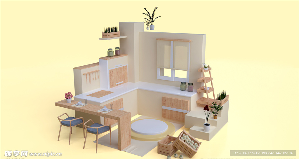 C4D暖色系厨房场景几何模型