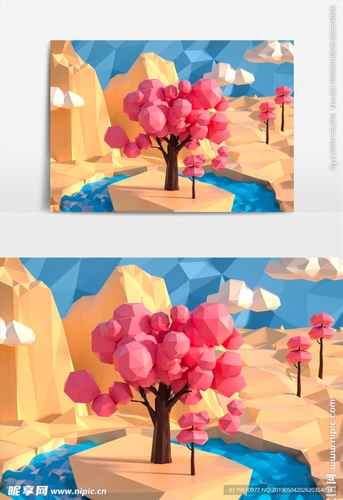 卡通Lowpoly粉色树模型